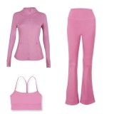 LULU DF Embossed Stand Collar Jacket, Y-shaped Vest, Flared Pants Three-piece Set with Gold Zipper, Sports Fitness Yoga Outfit