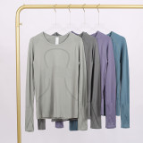 LULU 2.0 with logo）long-sleeve sports yoga T-shirt, round neck, running fitness sweat-wicking tight-fitting top