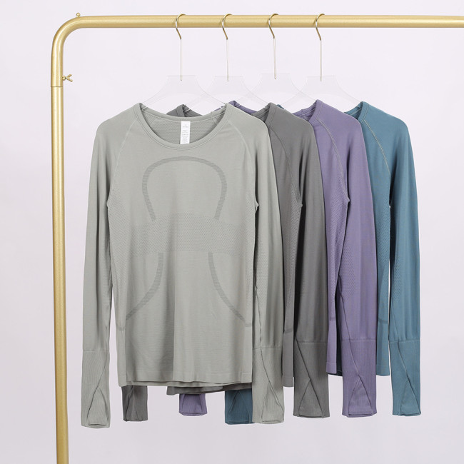 LULU 2.0 with logo）long-sleeve sports yoga T-shirt, round neck, running fitness sweat-wicking tight-fitting top