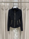 Third-generation yoga jacket without mesh, lulu style, with gold zipper, stand-up collar, elastic and breathable, suitable for running, fitness, and commuting for women