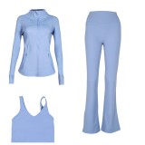 LULU DF stand-up collar jacket, U-shaped vest, bell-bottom pants three-piece set with gold zipper, sports fitness slim-fit yoga wear