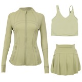 LULU sports tennis skirt, anti-exposure stand-up collar jacket, U-shaped tank top, short skirt three-piece set, yoga quick-dry pleated skirt