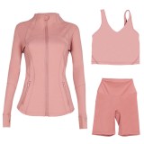 LULU DF stand-up collar jacket, U-shaped vest, three-piece set with cropped pants and gold zipper, slim-fit sports yoga wear
