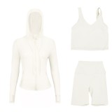 LULUDF Embossed Hooded Jacket, U-Shaped Vest, Three-Quarter Pants, Three-Piece Set, Gold Zipper Yoga Outfit, Long Sleeve