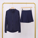 LULU branded stand-up collar jacket and skirt set, sports tennis skirt for women, anti-exposure fitness skirt, two-piece design