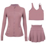 LULU sports tennis skirt, anti-exposure stand-up collar jacket, U-shaped tank top, short skirt three-piece set, yoga quick-dry pleated skirt