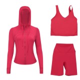 LULUDF Embossed Hooded Jacket, U-Shaped Vest, Three-Quarter Pants, Three-Piece Set, Gold Zipper Yoga Outfit, Long Sleeve