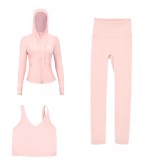 LULU DF hooded jacket, U-shaped vest, cropped pants three-piece set, starry gold zipper slim-fit yoga outfit