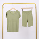 LULU3.0 High-Elasticity Sports Round-Neck Short-Sleeve Five-Pocket Pants Set for Women, Quick-Dry Running Training T-Shirt, Yoga Outfit for Women