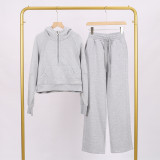 LULU Women's Yoga Wear Half-Zip Loose Hoodie Sweatshirt and Sweatpants Set Casual Loose Short Style with Fleece Lining