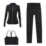 LULU DF Stand Collar Jacket, Y-Back Vest, Nine-Quarter Pants Three-Piece Set, Starry Gold Zipper Slim Fit Yoga Outfit