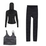 LULU DF hooded jacket, U-shaped vest, cropped pants three-piece set, starry gold zipper slim-fit yoga outfit