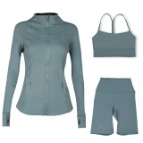 LULU DF stand-up collar jacket, Y-back vest, three-quarter pants, three-piece set with gold zipper, sporty slim-fit yoga wear