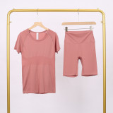 LULU3.0 High-Elasticity Sports Round-Neck Short-Sleeve Five-Pocket Pants Set for Women, Quick-Dry Running Training T-Shirt, Yoga Outfit for Women