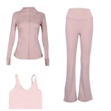 LULU DF stand-up collar jacket, U-shaped vest, bell-bottom pants three-piece set with gold zipper, sports fitness slim-fit yoga wear