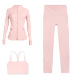 LULU DF Stand Collar Jacket, Y-Back Vest, Nine-Quarter Pants Three-Piece Set, Starry Gold Zipper Slim Fit Yoga Outfit