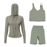LULUDF Embossed Hooded Jacket, U-Shaped Vest, Three-Quarter Pants, Three-Piece Set, Gold Zipper Yoga Outfit, Long Sleeve
