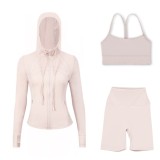 LULU DF hooded jacket, Y-back vest, three-quarter pants three-piece set, starry gold zipper slim-fit yoga outfit