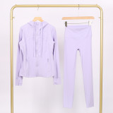 LULU in-stock hooded jacket and cropped pants set, running and yoga wear, sports slim-fit zip-up cardigan