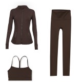 LULU DF Stand Collar Jacket, Y-Back Vest, Nine-Quarter Pants Three-Piece Set, Starry Gold Zipper Slim Fit Yoga Outfit