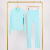 LULU Bell-bottom Pants DF Stand-up Collar Jacket Set with Gold Zipper Top, Women's Slim Fit Coat, Stretchy Yoga Outfit for Women