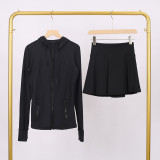LULU branded hooded jacket and short skirt set, sports tennis skirt for women, anti-exposure fitness two-piece new style