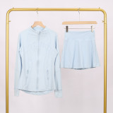 LULU branded stand-up collar jacket and skirt set, sports tennis skirt for women, anti-exposure fitness skirt, two-piece design