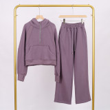 LULU Women's Yoga Wear Half-Zip Loose Hoodie Sweatshirt and Sweatpants Set Casual Loose Short Style with Fleece Lining
