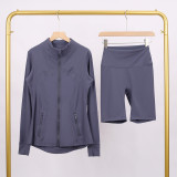 LULU DF Embossed Stand Collar Jacket and Shorts Set with Gold Zipper, Slim Fit, Stretchy, Quick-Dry Fitness Yoga Wear