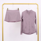 LULU Embossed Stand Collar Jacket and Three-Pleat Skirt Set for Fitness and Sports, Faux Two-Piece Anti-Exposure Elastic Tennis Skirt