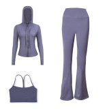 LULU DF Embossed Hooded Jacket, Y-shaped Vest, Bell-bottom Pants Three-piece Set, Starry Gold Zipper Yoga Outfit