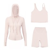 LULUDF Embossed Hooded Jacket, U-Shaped Vest, Three-Quarter Pants, Three-Piece Set, Gold Zipper Yoga Outfit, Long Sleeve