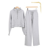 LULU Women's Yoga Outfit: Loose Fit Stand Collar Sweatshirt with Half Zipper and Sweatpants Set, Casual Loose Short Style with Fleece Lining