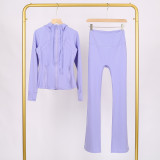 LULU in-stock hooded jacket with embossed logo, flared pants set, running and yoga wear, slim-fit zip-up cardigan with long sleeves