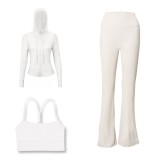 LULU DF Embossed Hooded Jacket, Y-shaped Vest, Bell-bottom Pants Three-piece Set, Starry Gold Zipper Yoga Outfit