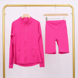 LULU DF Embossed Stand Collar Jacket and Shorts Set with Gold Zipper, Slim Fit, Stretchy, Quick-Dry Fitness Yoga Wear