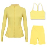LULU DF stand-up collar jacket, Y-back vest, three-quarter pants, three-piece set with gold zipper, sporty slim-fit yoga wear
