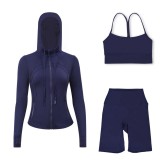 LULU DF hooded jacket, Y-back vest, three-quarter pants three-piece set, starry gold zipper slim-fit yoga outfit