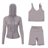LULUDF Embossed Hooded Jacket, U-Shaped Vest, Three-Quarter Pants, Three-Piece Set, Gold Zipper Yoga Outfit, Long Sleeve
