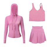 LULU Sports Tennis Skirt with Hooded Jacket and U-Back Tank Top Set for Women, Anti-Exposure Fitness Short Skirt, Two-in-One Design