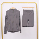 LULU DF Embossed Stand Collar Jacket and Shorts Set with Gold Zipper, Slim Fit, Stretchy, Quick-Dry Fitness Yoga Wear