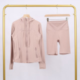LULU DF hooded jacket and shorts set with gold zipper, slim fit, stretchy, quick-drying, fitness, sports, yoga wear for women
