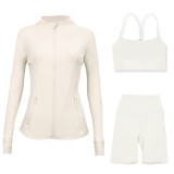 LULU DF stand-up collar jacket, Y-back vest, three-quarter pants, three-piece set with gold zipper, sporty slim-fit yoga wear