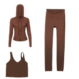 LULU DF hooded jacket, U-shaped vest, cropped pants three-piece set, starry gold zipper slim-fit yoga outfit