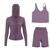 LULUDF Embossed Hooded Jacket, U-Shaped Vest, Three-Quarter Pants, Three-Piece Set, Gold Zipper Yoga Outfit, Long Sleeve