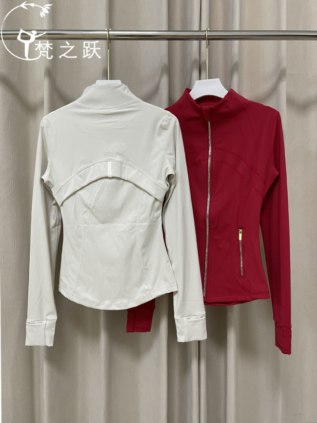 Lulu yoga wear with full gold zipper, third generation, no mesh, stand-up collar, long-sleeve jacket, yoga elastic breathable gold zipper