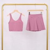 LULU Women's Sports Tennis Skirt Anti-Exposure Fitness U-Back Vest Short Skirt Set Fake Two-Piece Yoga Shorts Fashionable