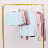 LULU hooded jacket and three-pleat skirt set for fitness and sports, faux two-piece anti-exposure elastic tennis short skirt