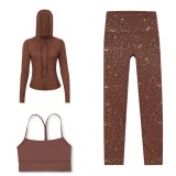 LULU DF Embossed Hooded Jacket, Y-Back Vest, Cropped Pants Three-Piece Set, Starry Gold Zipper Yoga Outfit