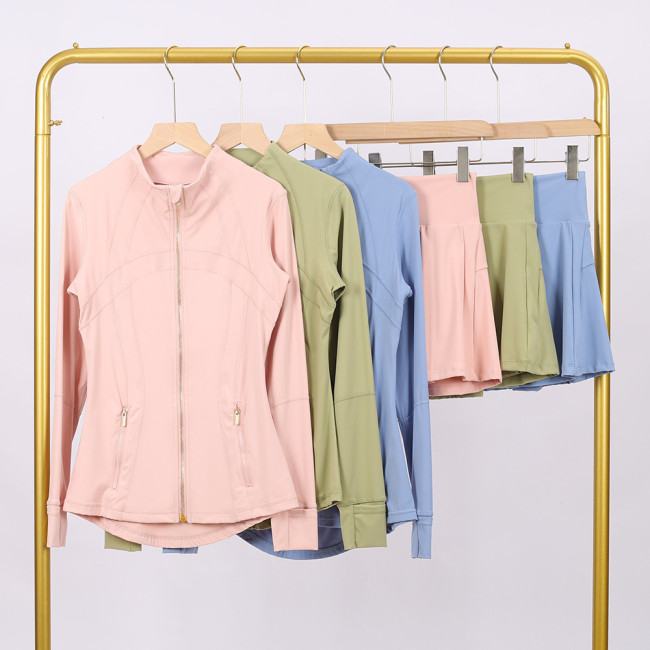 LULU DF Stand Collar Jacket and Skirt Set with Gold Zipper, Slim Fit Jacket, Stretchy Quick-Dry Fitness Yoga Outfit